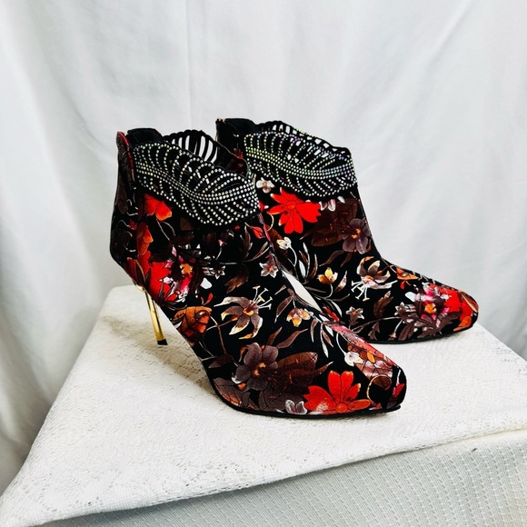 Unbranded Shoes - Floral Velvet Rhinestone Ankle Boots Sz 42 (US 10.5) Statement Stiletto Heel